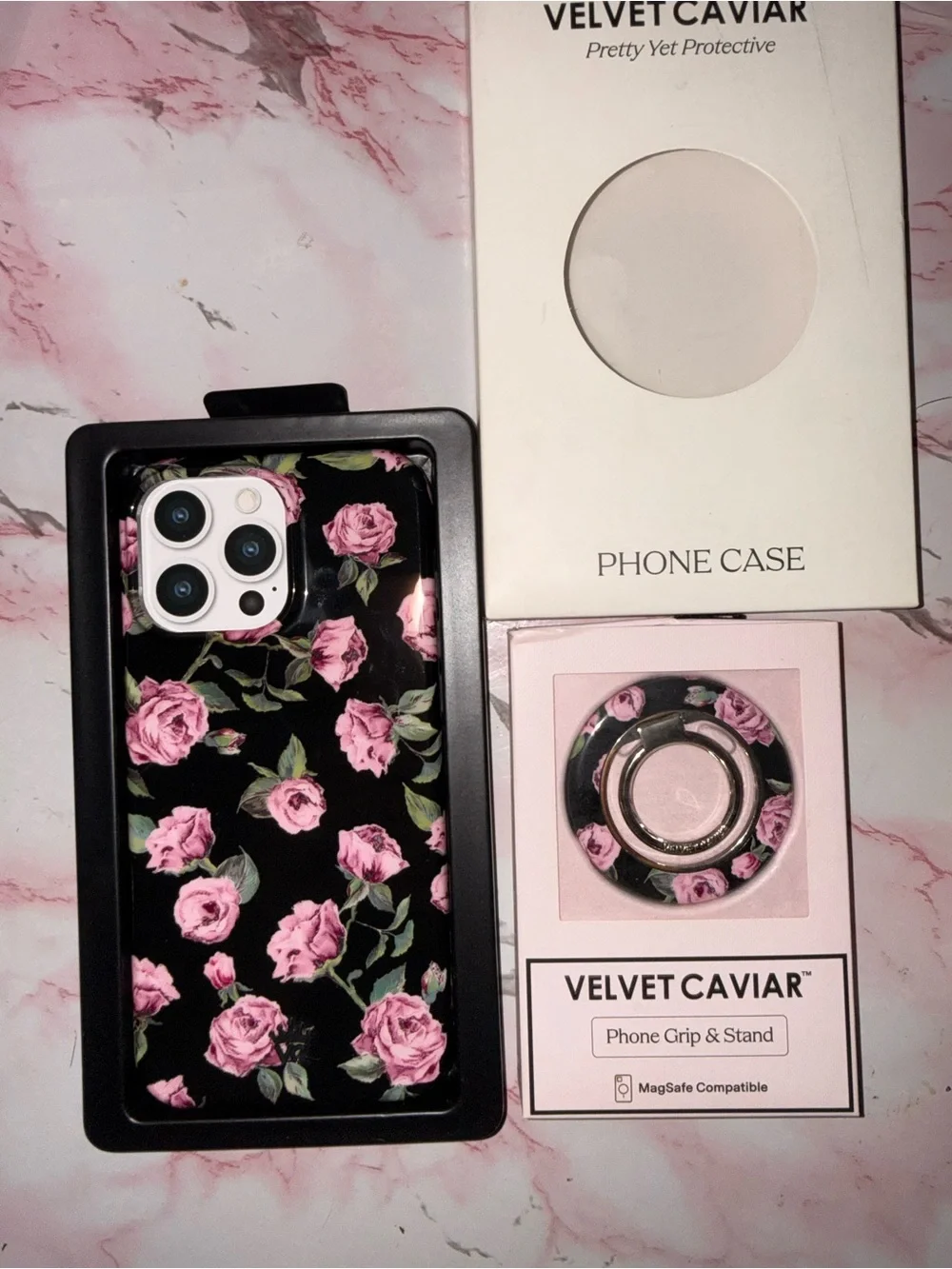 Velvet Caviar Pink Rose Floral Phone Case & Phone Grip - Black Background